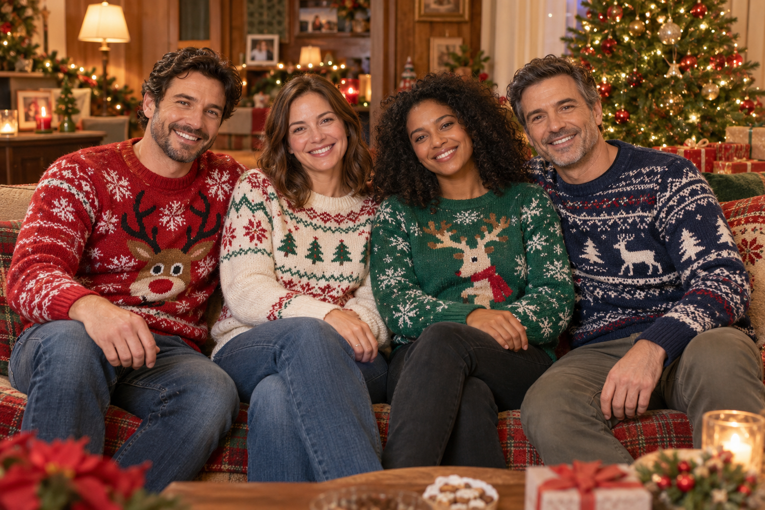 Les mêmes quatre amis, au même endroit, sourient en portant des pulls de Noël.