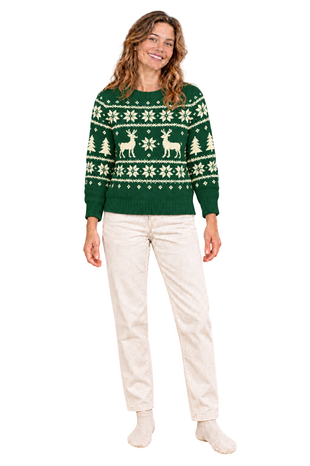 Silhouette féminine IA en pull vert sapin conceptuel, pantalon normal.