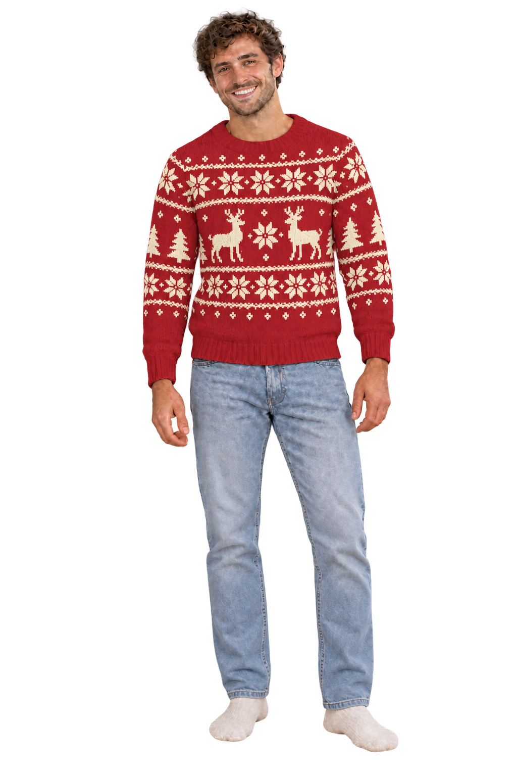 Silhouette masculine IA en pull rouge conceptuel, pantalon normal.