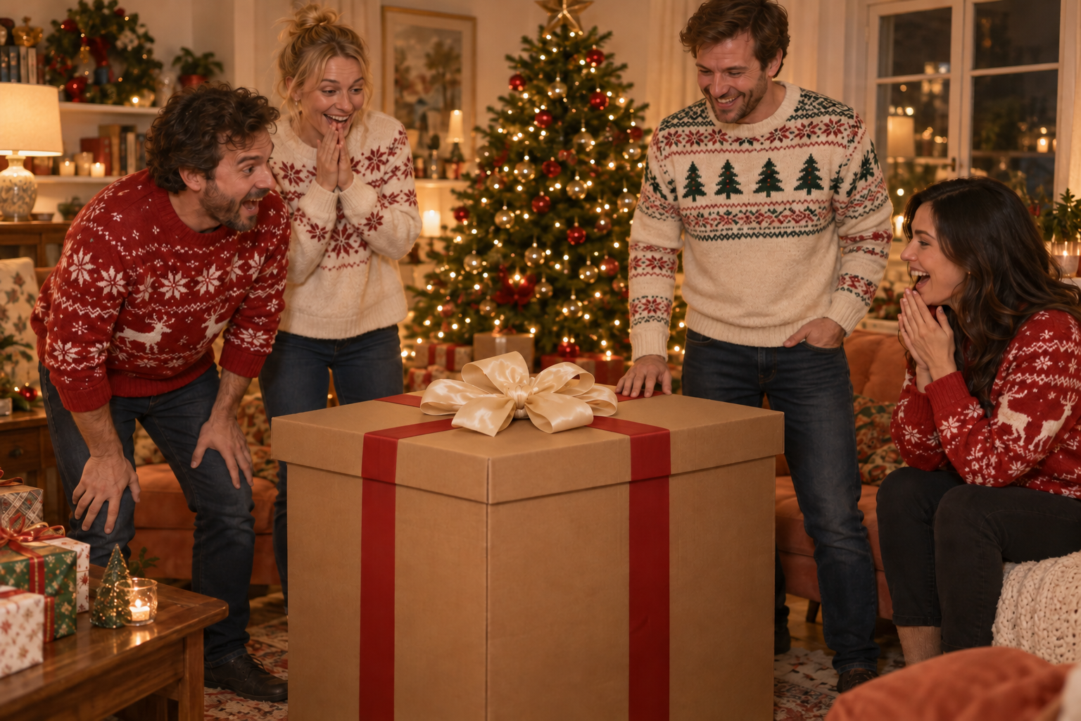 Scène IA : des amis réunis autour d’un grand cadeau de Noël.