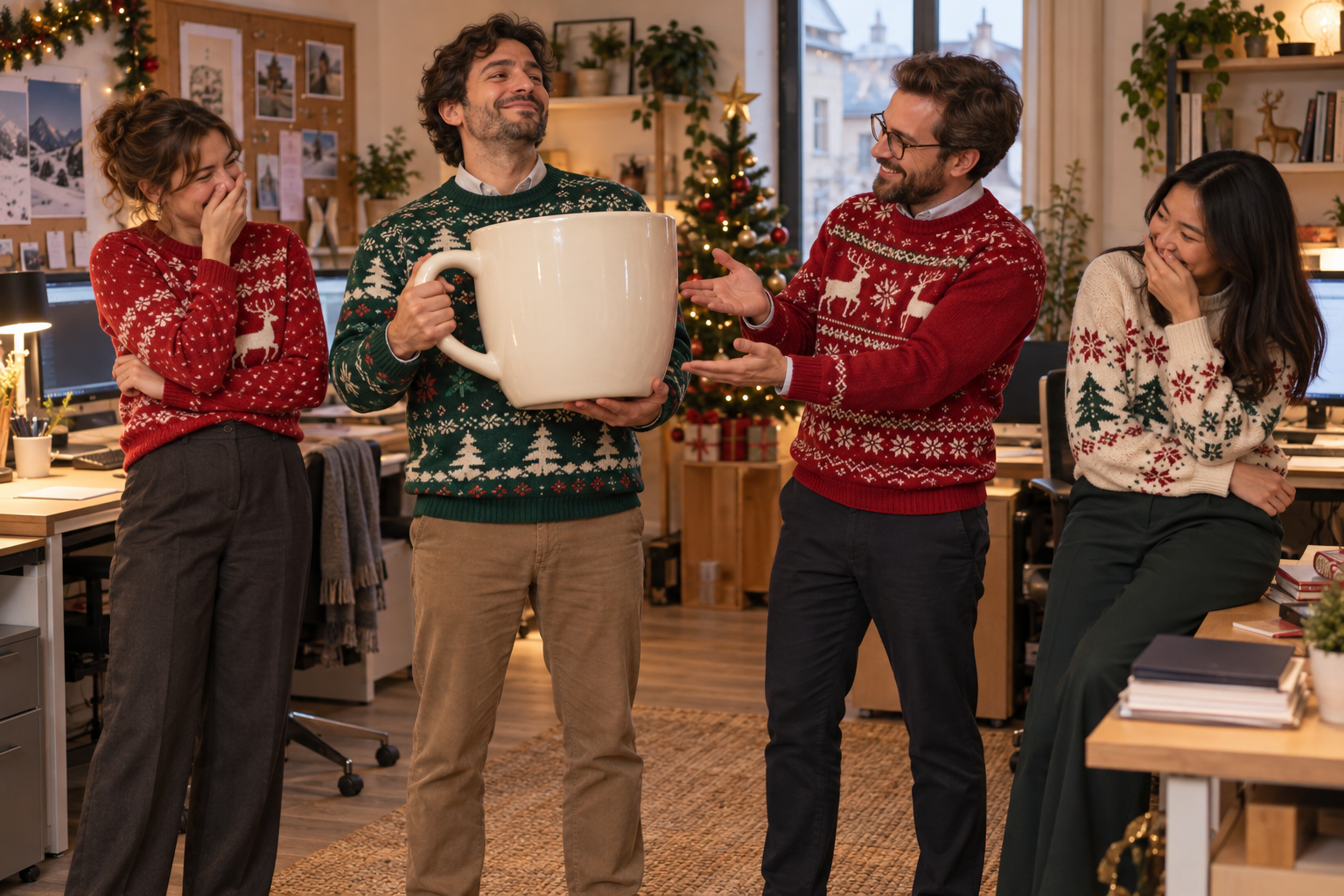 Le gagnant du concours tient un très grand trophée en forme de tasse. Scène IA fictive.