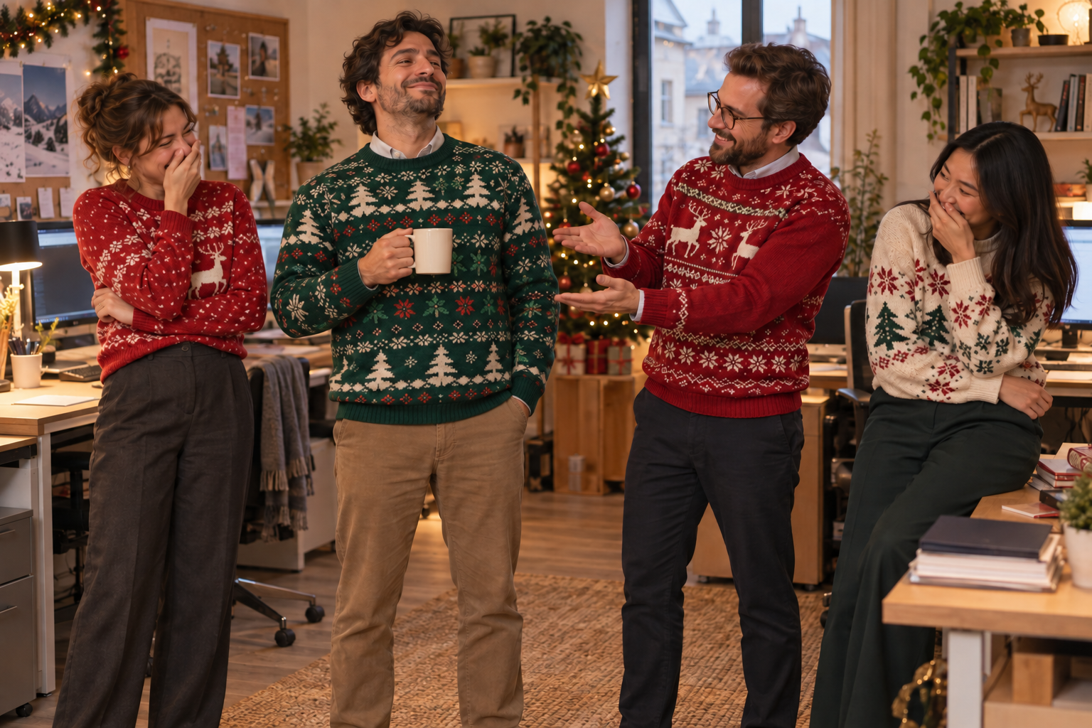 Des collègues réunis au bureau pour leur concours de pulls de Noël. Scène IA fictive.