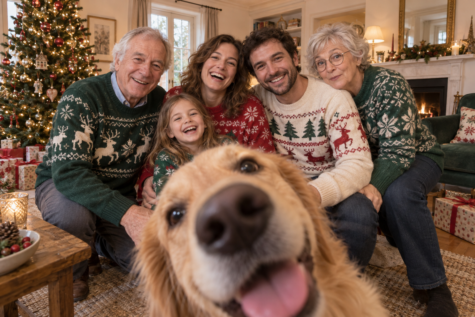 Un chien s’invite près de l’objectif devant la famille. Scène IA fictive.