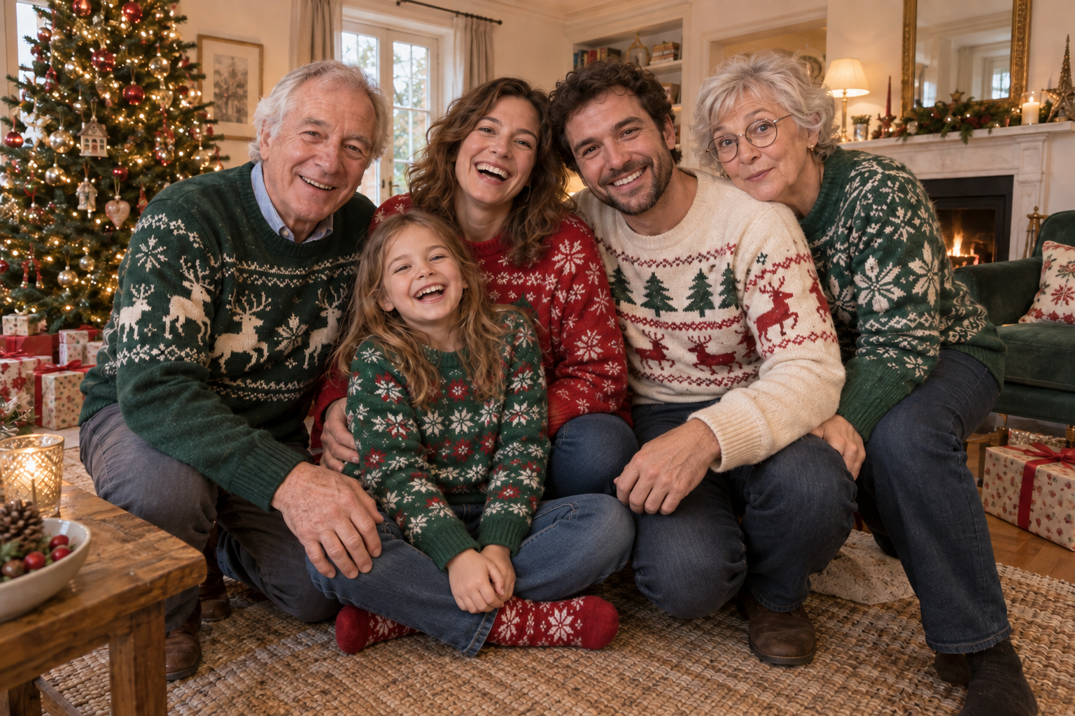 Ambiance IA : une famille réunie devant le sapin, en pulls de Noël.
